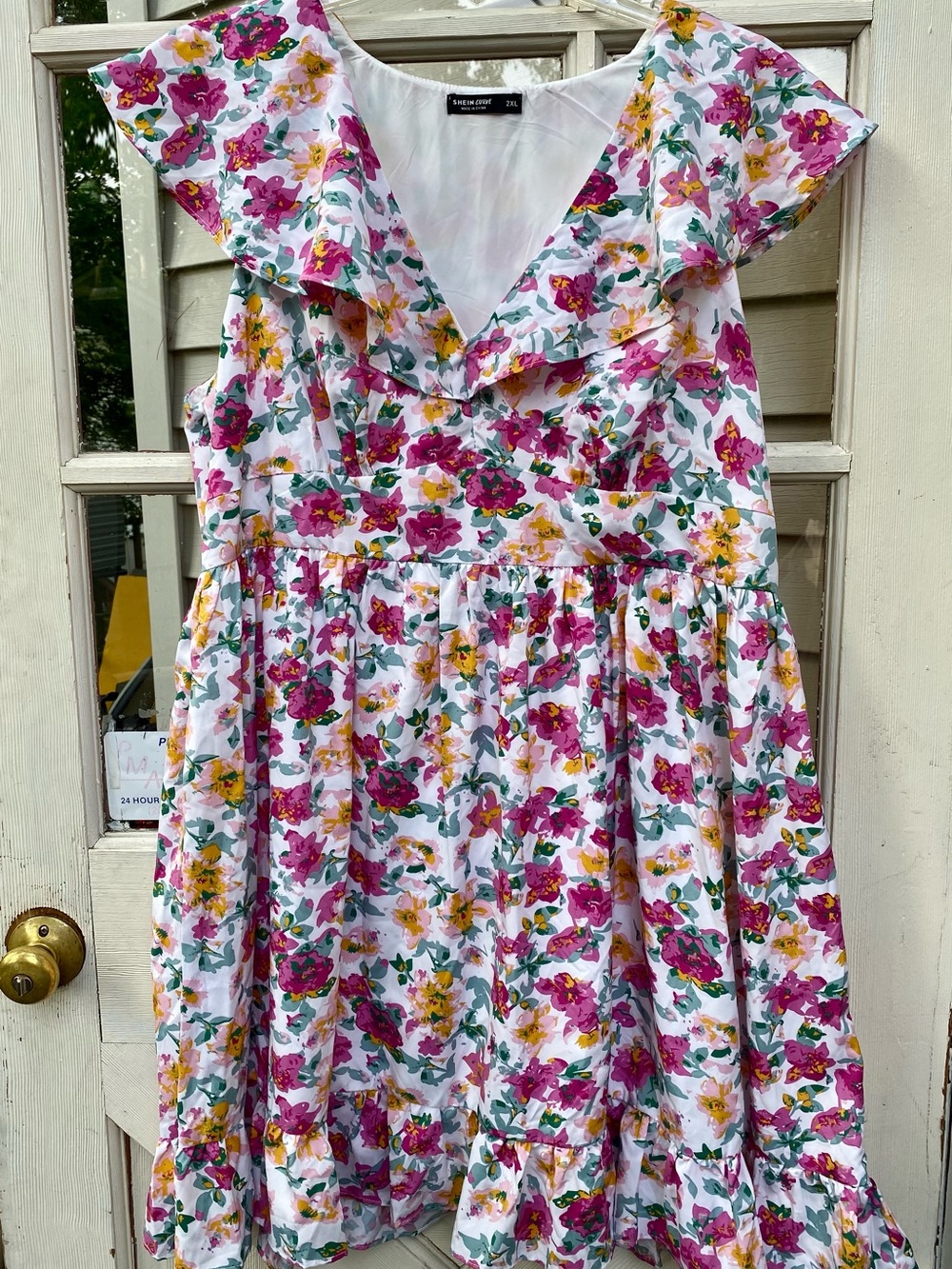 SHEIN White Midi Dress with Pink & Yellow Floral Print